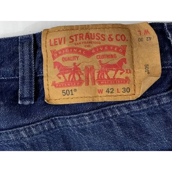 Levis Jeans Mens 42x30 Blue 501 Straight Fit Button Fly White Oak Cone Denim